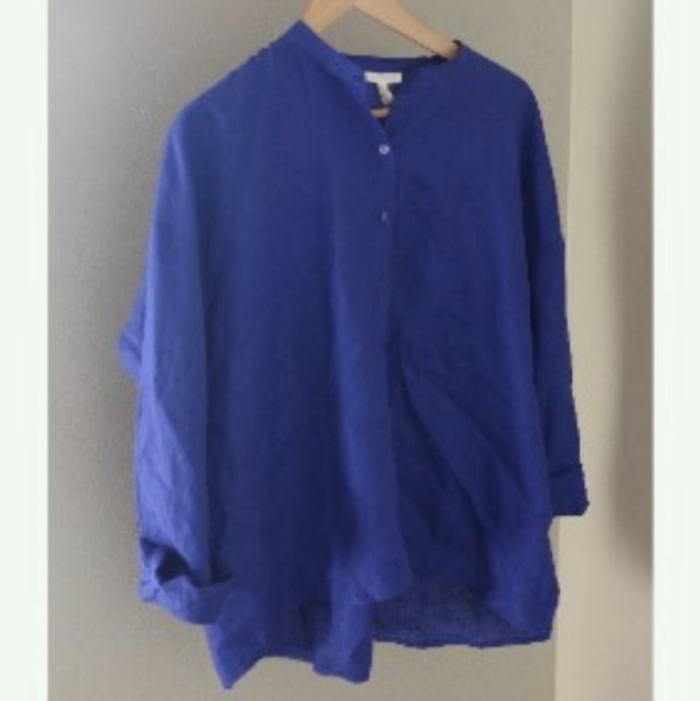 Eileen Fisher Button Down Blouse Linen Collarless